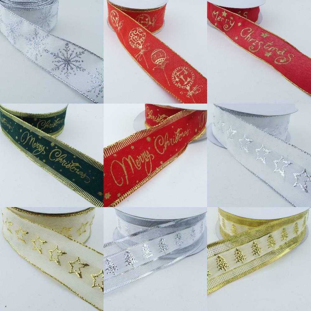 9 TYPE 38mm 40mm Wired Metallic Christmas Print Ribbon Decoration BUY 1 ...