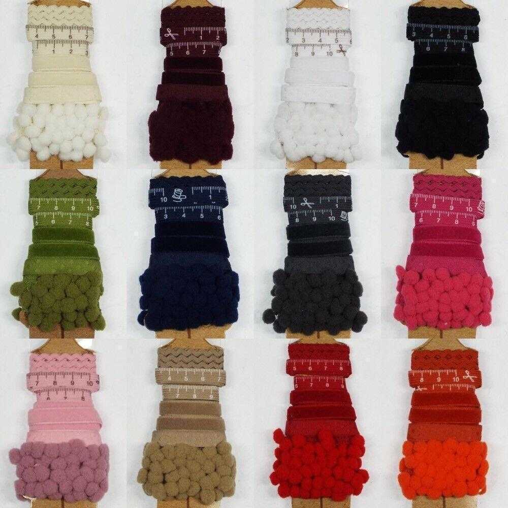12 COLOUR 5x 1m Card of Pompom Velvet Measure RicRac Dotty Ribbon Craft